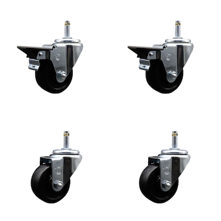 Service Caster 3'' Soft Rubber Wheel Swivel 7/16'' Grip Ring Stem Caster Set 2 Brakes, 4PK SCC-GR20S314-SRS-PLB-716138-2-S-2